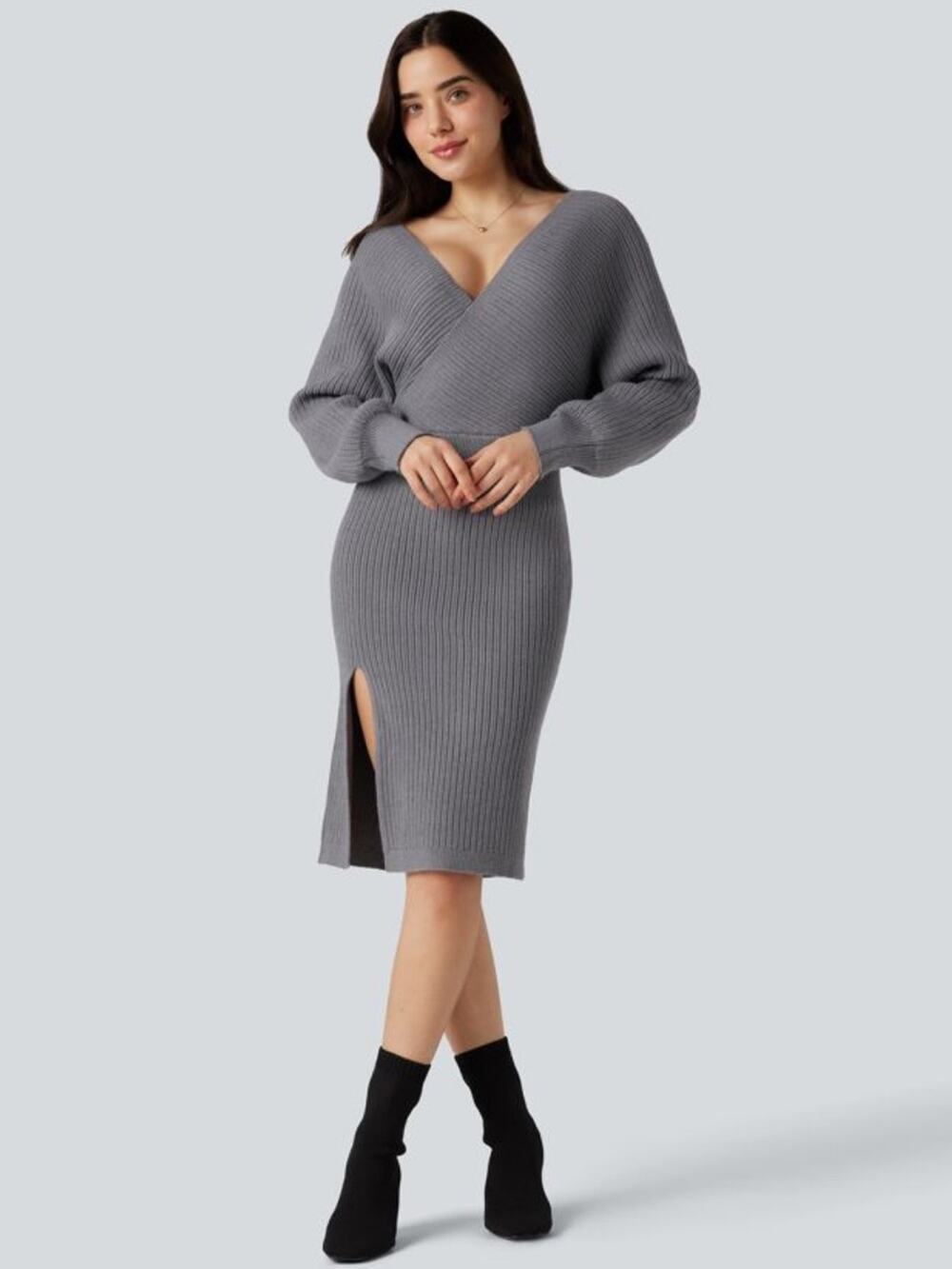 NWOT Halara V-neck Batwing Long Sleeve Split Bodycon Midi Sweater Dres